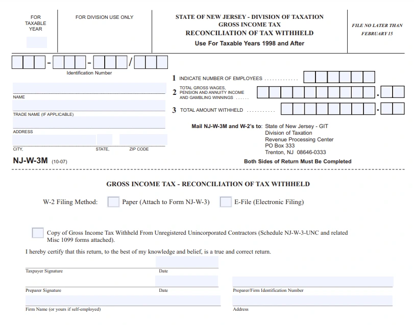 New Jersey Annual Reconciliation Form NJ-W-3M